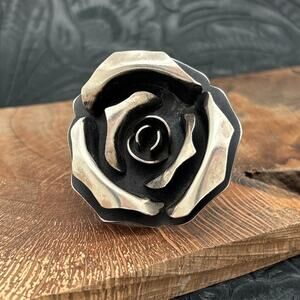 LEANDER TAHE Navajo Sterling Silver 3-D Rose Ring With Wide Adjustable Band